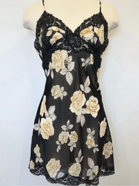 Victoria's Secret Black Chemise with Cream Rose Print